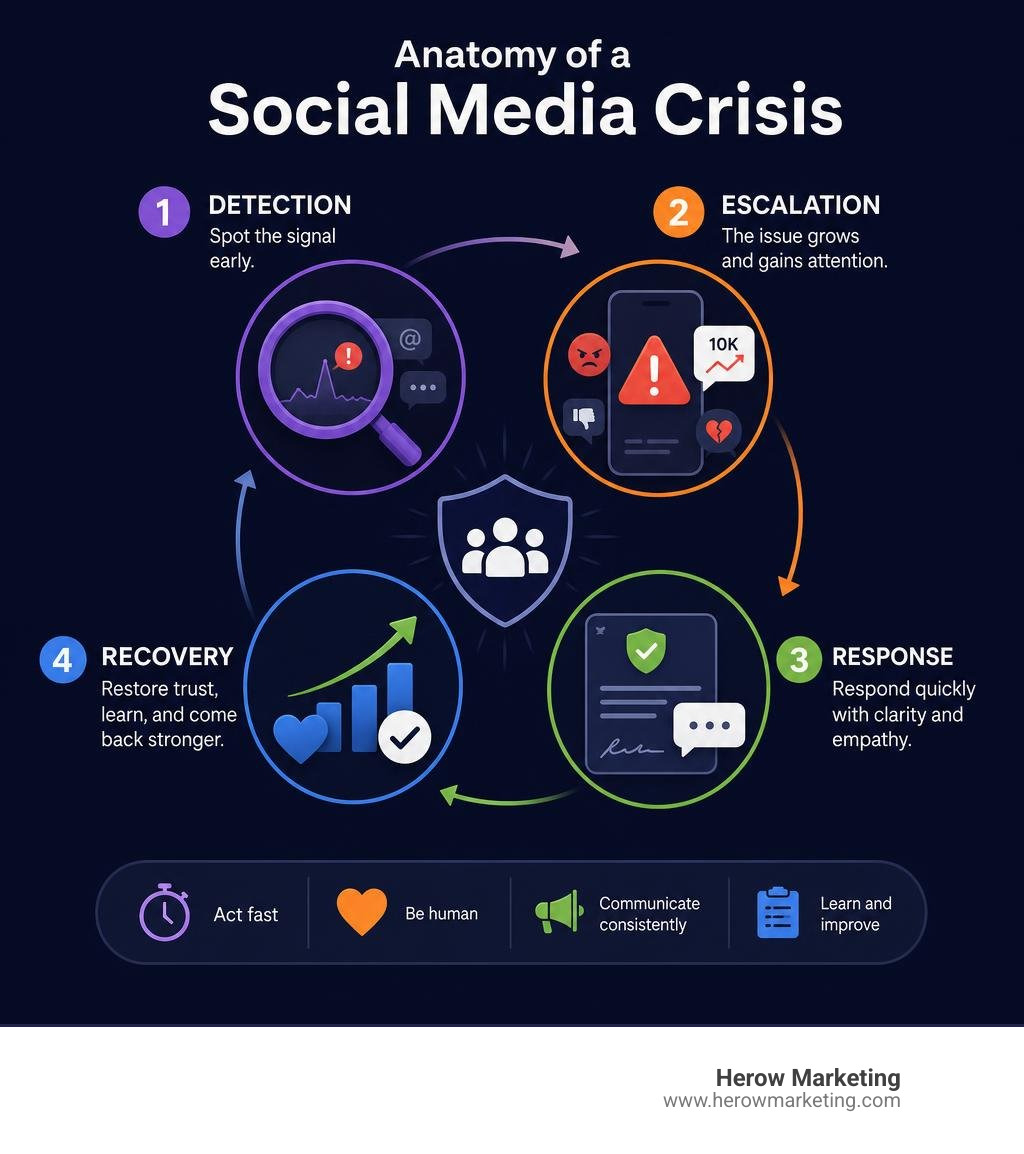 Anatomy of a social media crisis: detection, escalation, response, recovery phases infographic