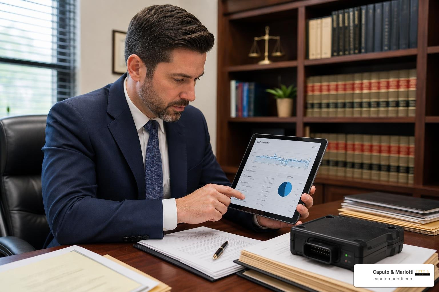 Lawyer reviewing electronic black box and ELD data on a tablet in a law office setting Lawyer reviewing electronic black box and ELD data on a tablet in a law office setting