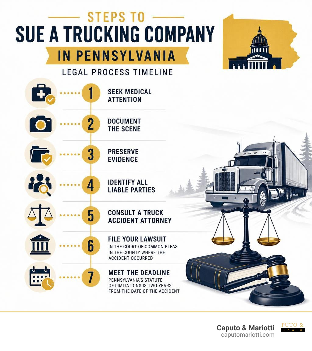 Steps to sue a trucking company in Pennsylvania infographic with legal process timeline infographic Steps to sue a trucking company in Pennsylvania infographic with legal process timeline infographic