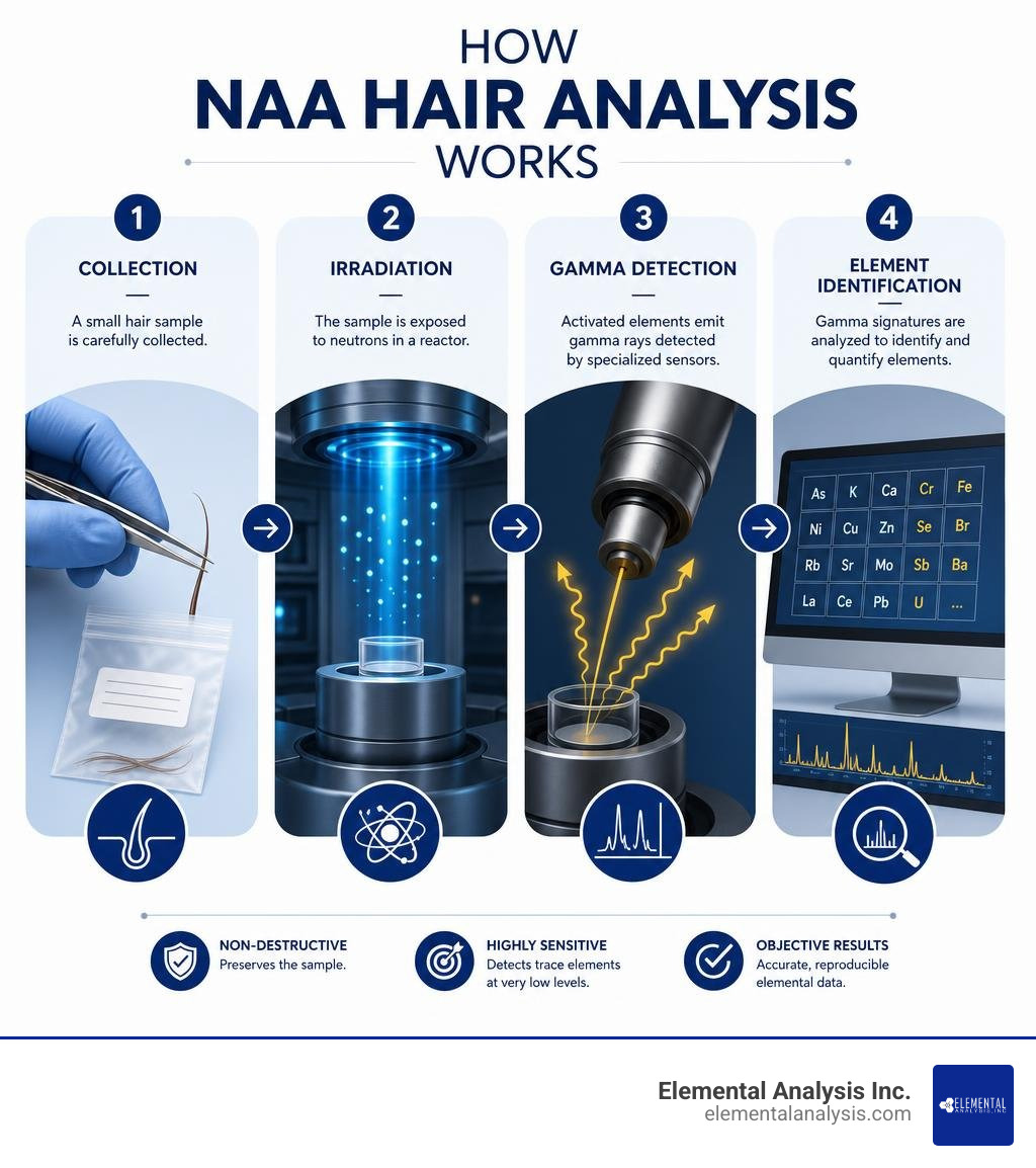 Infographic: How NAA hair analysis works — collection, irradiation, gamma detection, element identification infographic