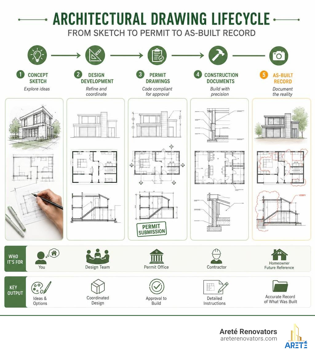 Architectural drawing lifecycle from sketch to permit to as-built record infographic