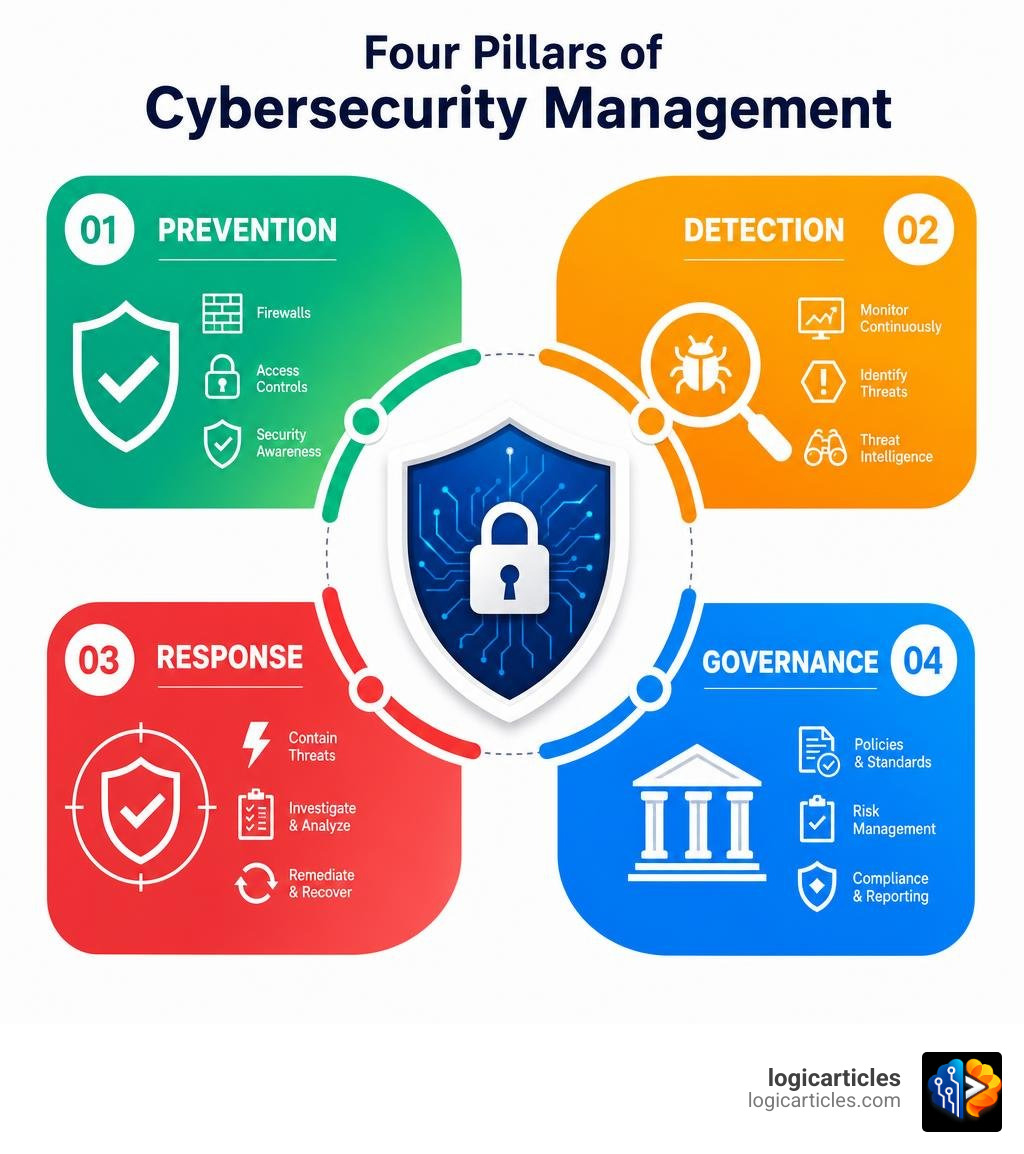 Four pillars of cybersecurity management: Prevention, Detection, Response, Governance infographic