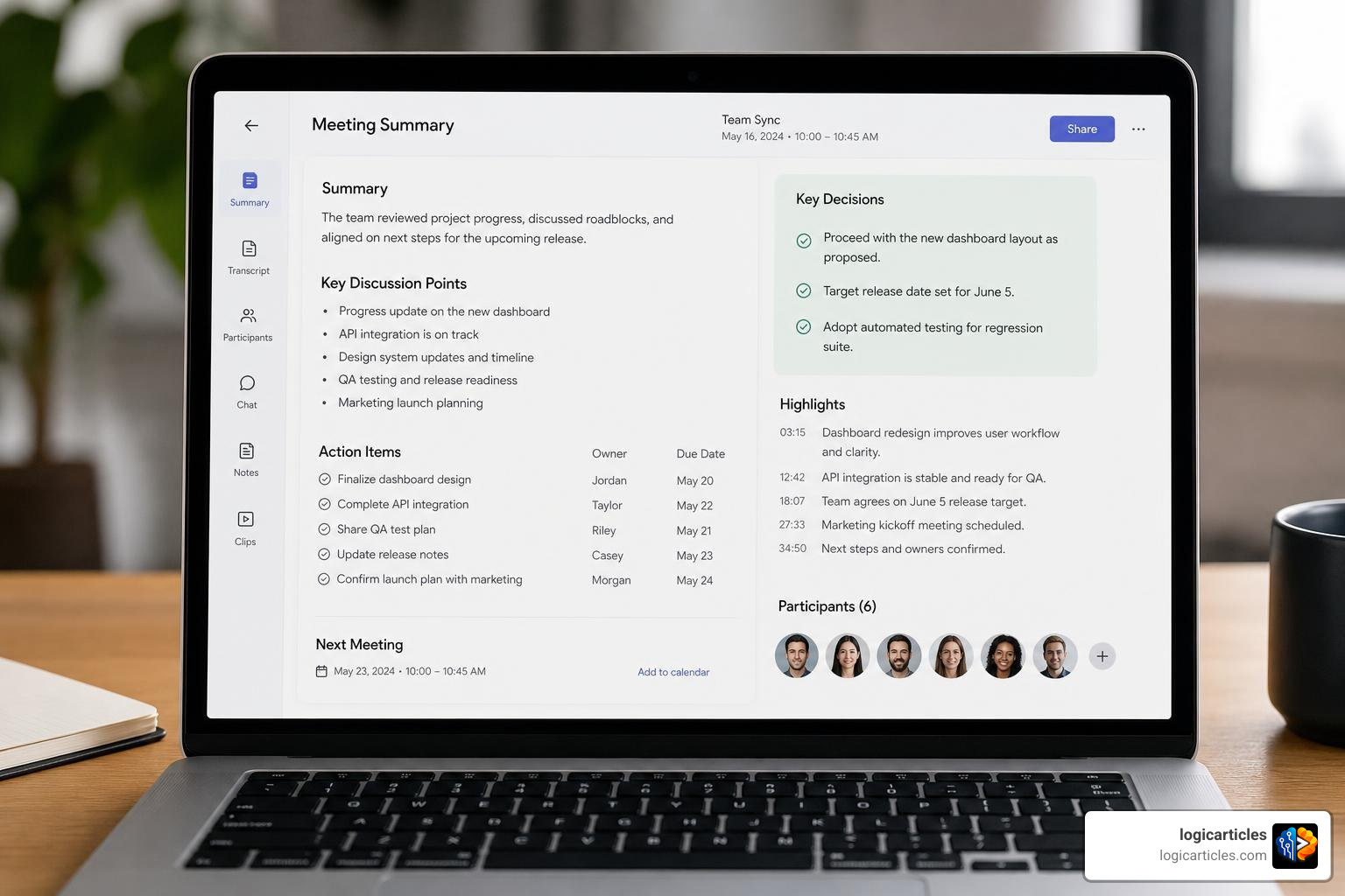 AI meeting summaries interface