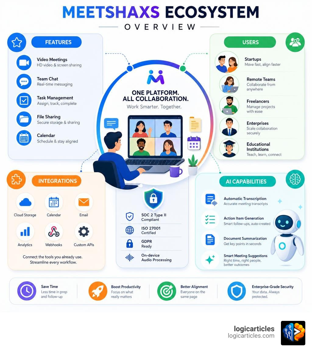 MeetShaxs ecosystem overview: features, users, integrations, and AI capabilities infographic