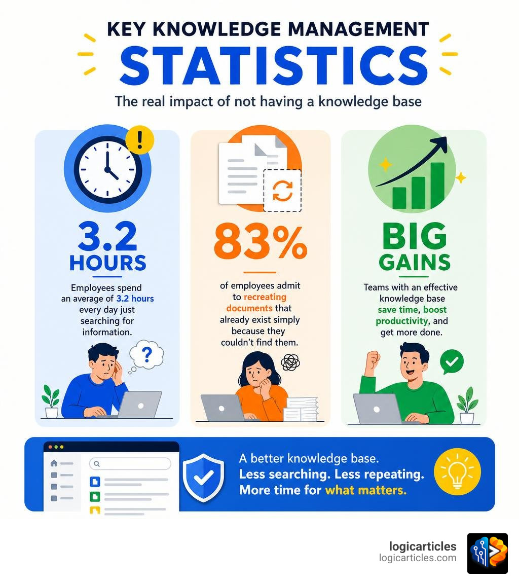 Key knowledge management statistics showing time lost, document recreation, and productivity gains infographic