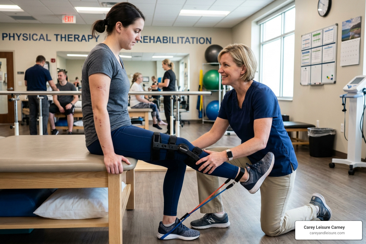 A physical therapist assisting a car accident survivor during medical rehabilitation