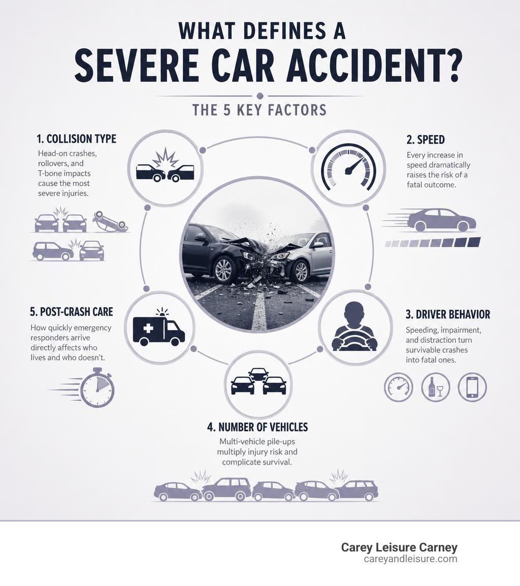 Infographic showing the key factors that define a severe car accident: collision type, speed, driver behavior, vehicle