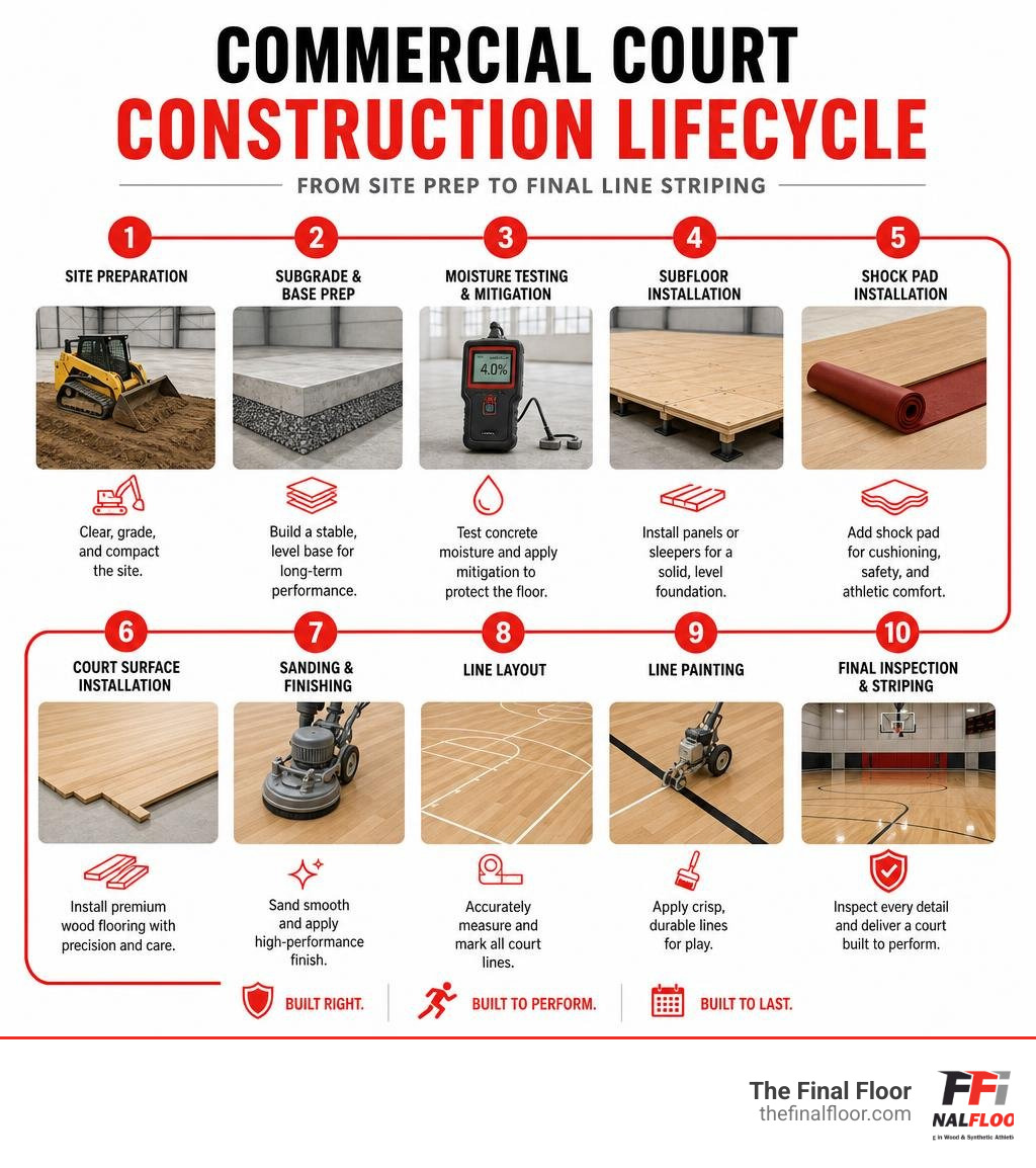 Commercial court construction lifecycle from site prep to final line striping infographic