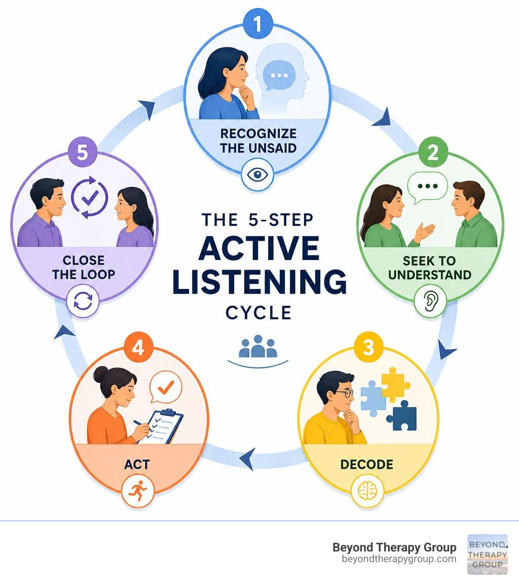 Infographic showing the 5-step active listening cycle: recognize the unsaid, seek to understand, decode, act, close the loop Infographic showing the 5-step active listening cycle: recognize the unsaid, seek to understand, decode, act, close the loop