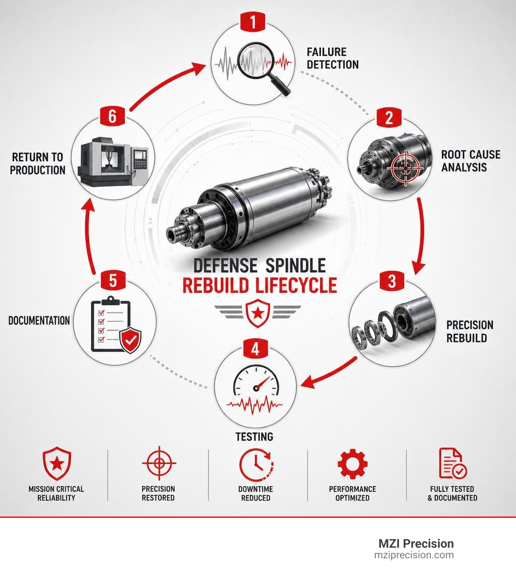 Defense spindle rebuild lifecycle infographic: failure detection, root cause analysis, precision rebuild, testing