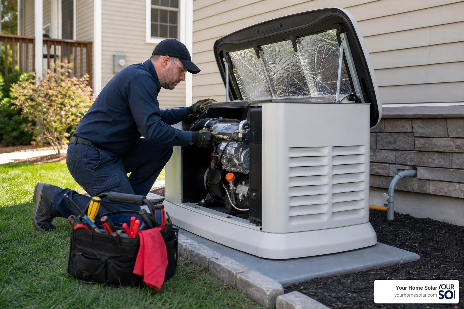 technician performing annual maintenance on a standby generator outside home technician performing annual maintenance on a standby generator outside home