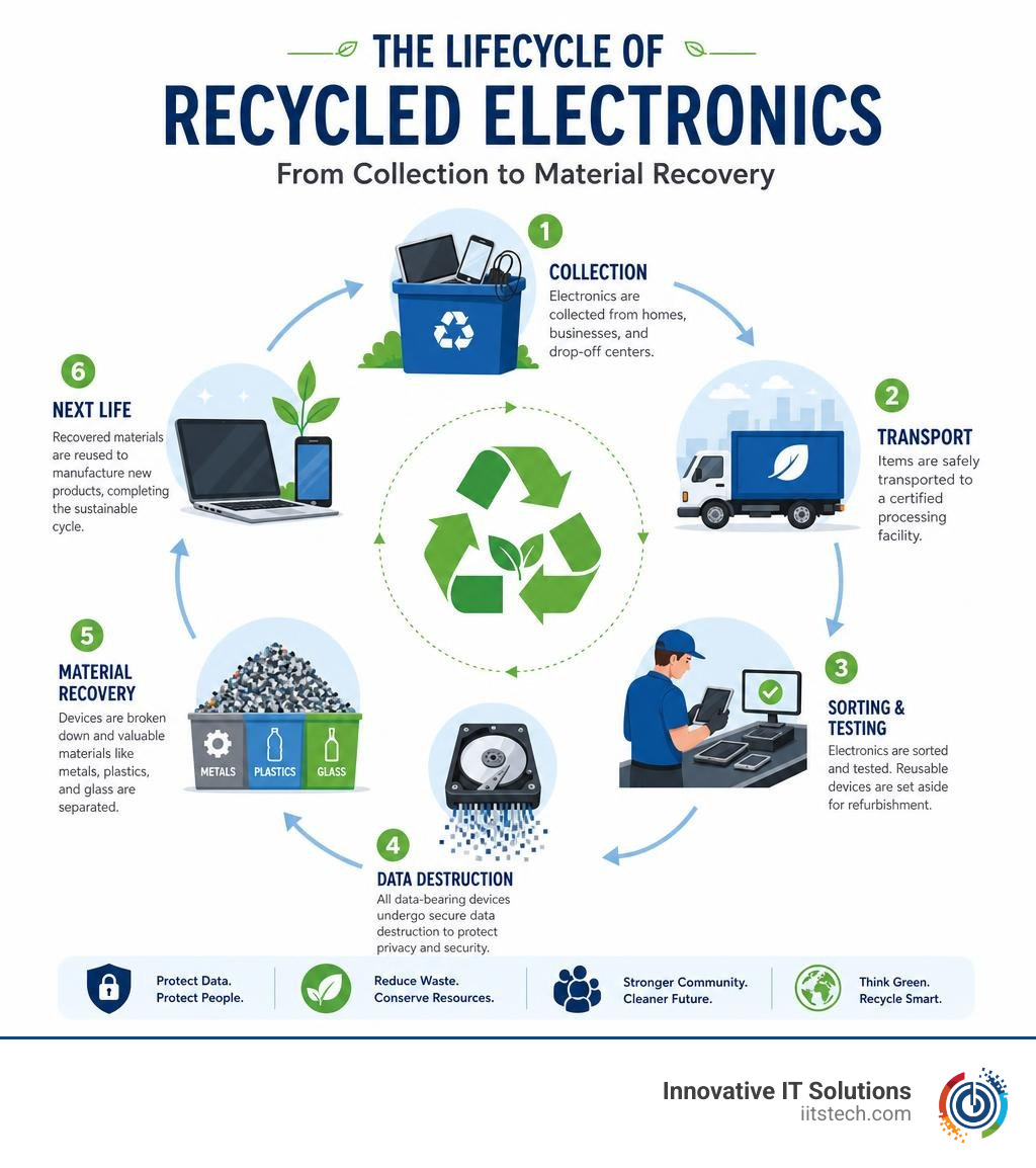 Lifecycle of recycled electronics from collection to material recovery infographic infographic Lifecycle of recycled electronics from collection to material recovery infographic infographic