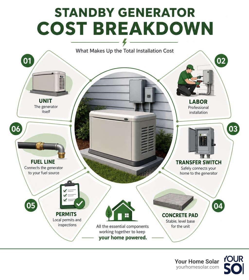 Infographic showing standby generator cost breakdown: unit, labor, transfer switch, concrete pad, permits, and fuel line Infographic showing standby generator cost breakdown: unit, labor, transfer switch, concrete pad, permits, and fuel line