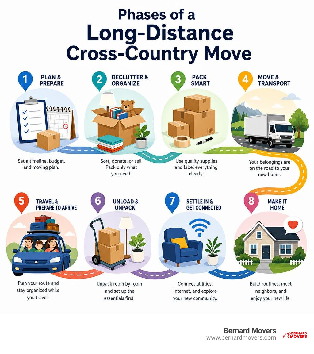 Phases of a long-distance cross-country move from planning to settling in infographic Phases of a long-distance cross-country move from planning to settling in infographic