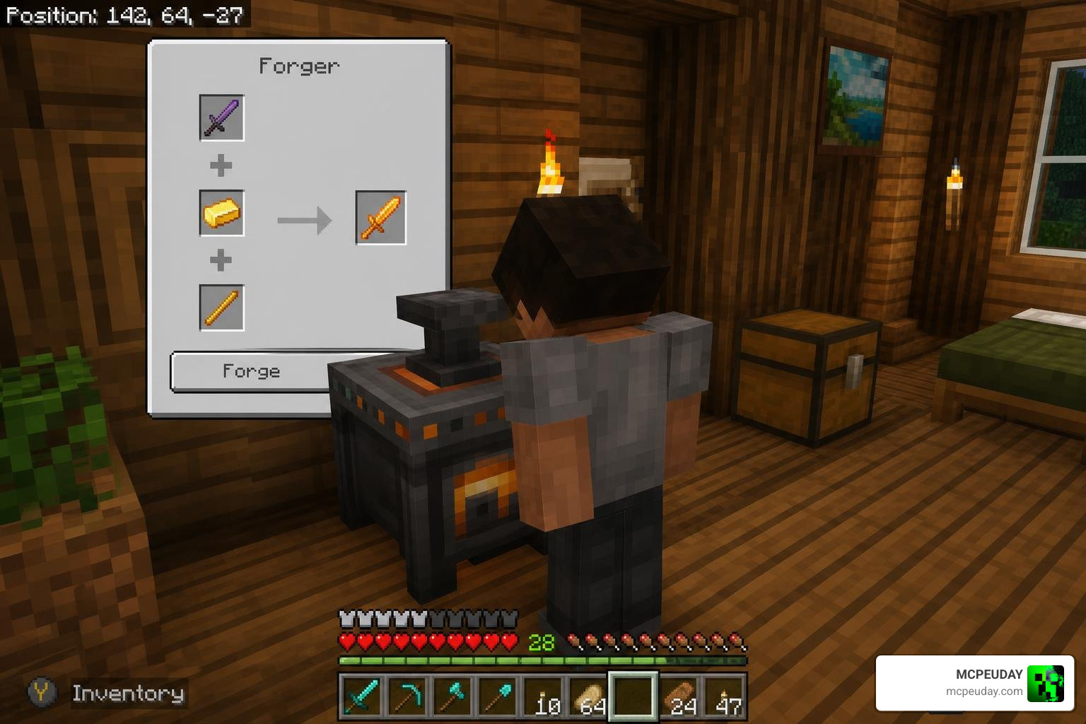A player interacting with a custom Forger crafting station in a cozy base