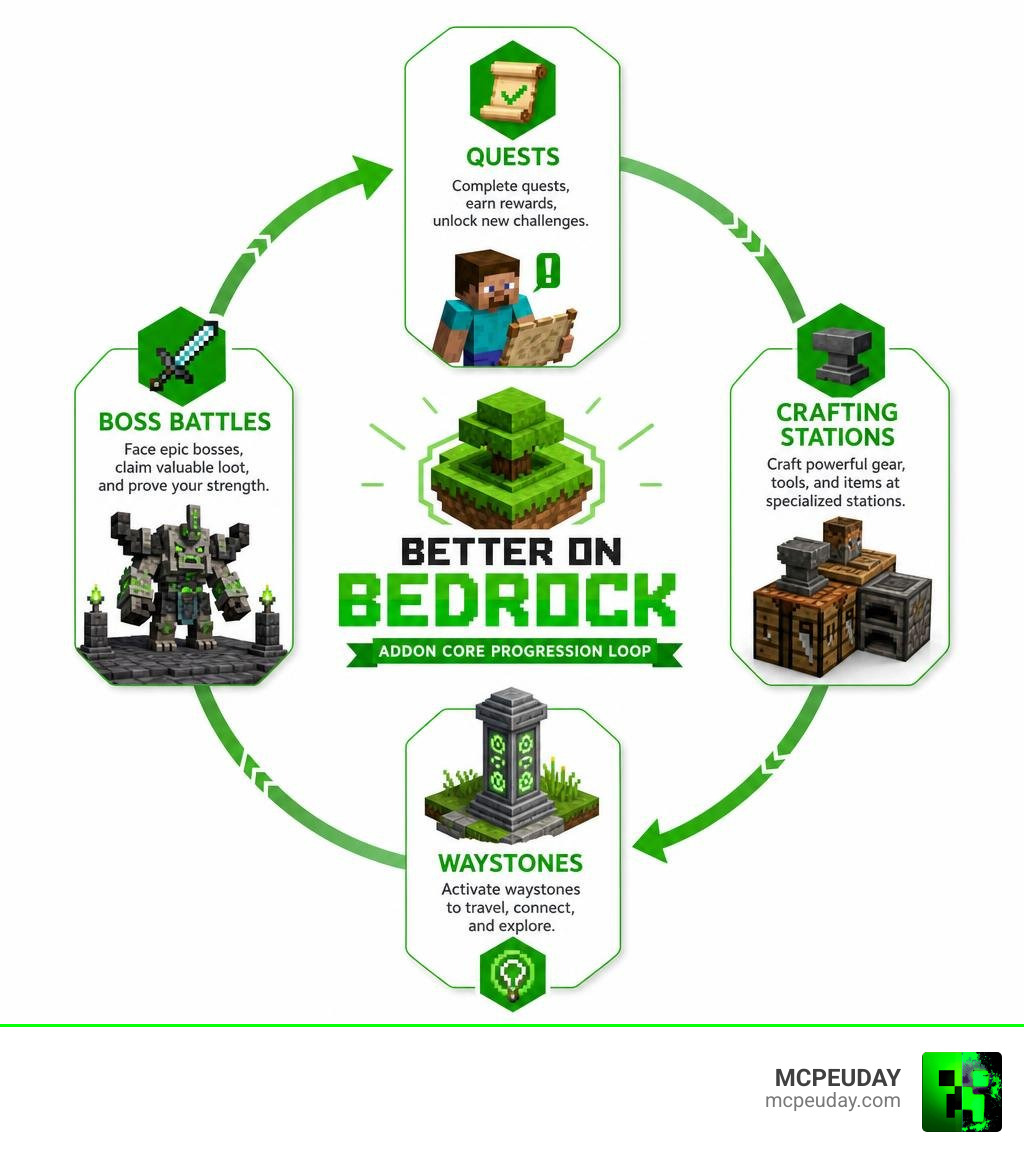 Better on Bedrock Addon core progression loop infographic showing quests, crafting stations, waystones, and boss battles