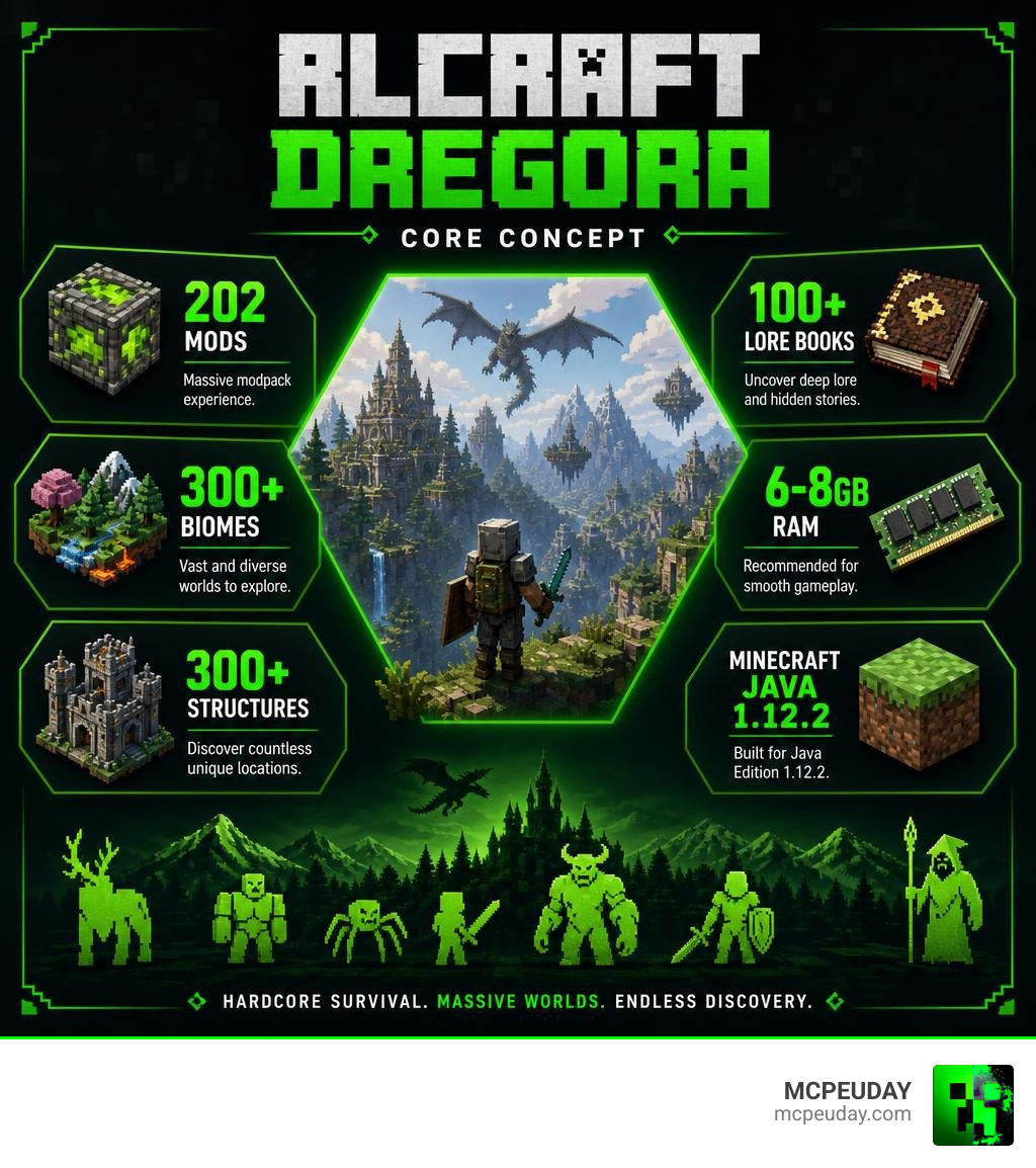 RLCraft Dregora MOD core concept infographic: 202 mods, 300+ biomes, 300+ structures, 100+ lore books, 6-8GB RAM, Minecraft