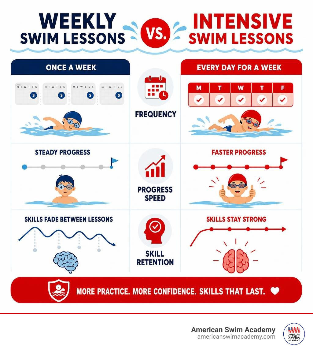 Comparison infographic: weekly swim lessons vs intensive swim lessons — frequency, progress speed, and skill retention Comparison infographic: weekly swim lessons vs intensive swim lessons — frequency, progress speed, and skill retention