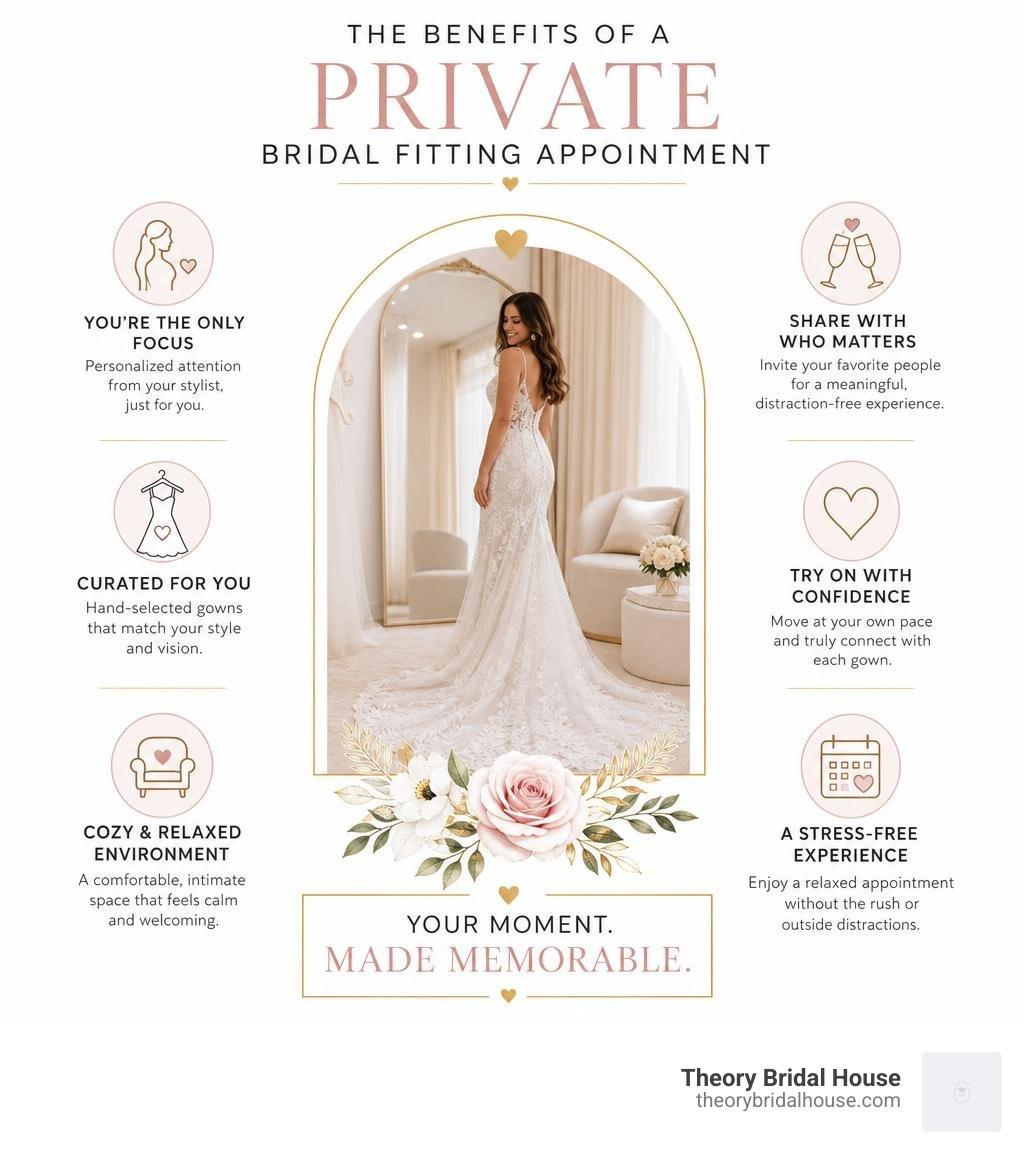 infographic detailing the benefits of a private bridal fitting appointment infographic