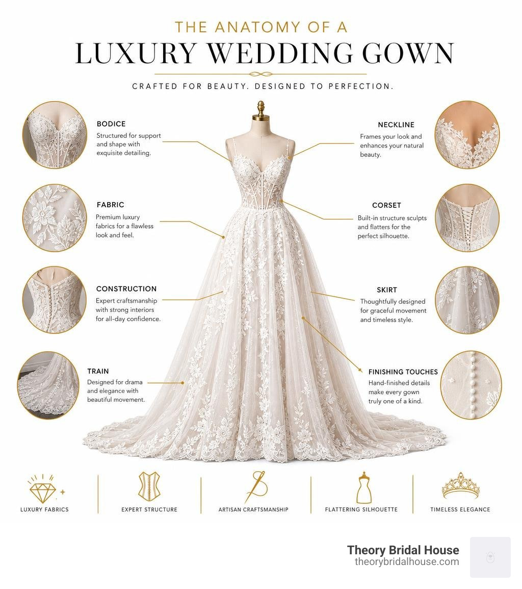 infographic detailing the anatomy of a luxury wedding gown silhouette infographic