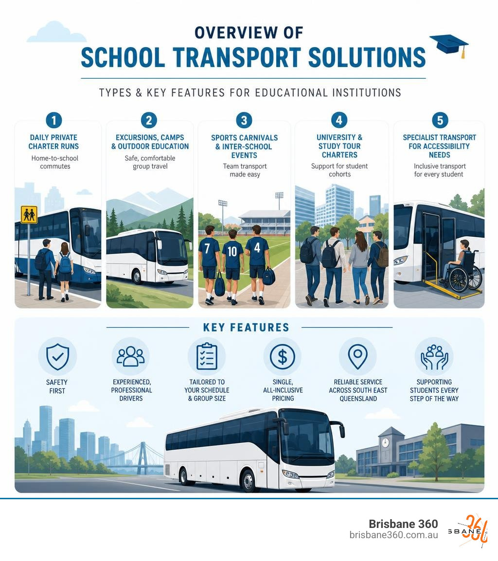 Overview of school transport solutions types and key features for educational institutions infographic