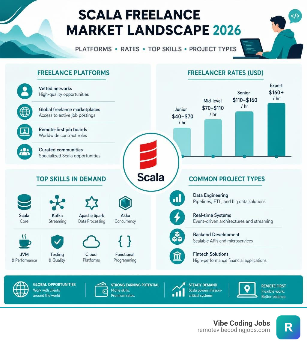 Scala freelance market landscape 2026: platforms, rates, top skills, and project types infographic