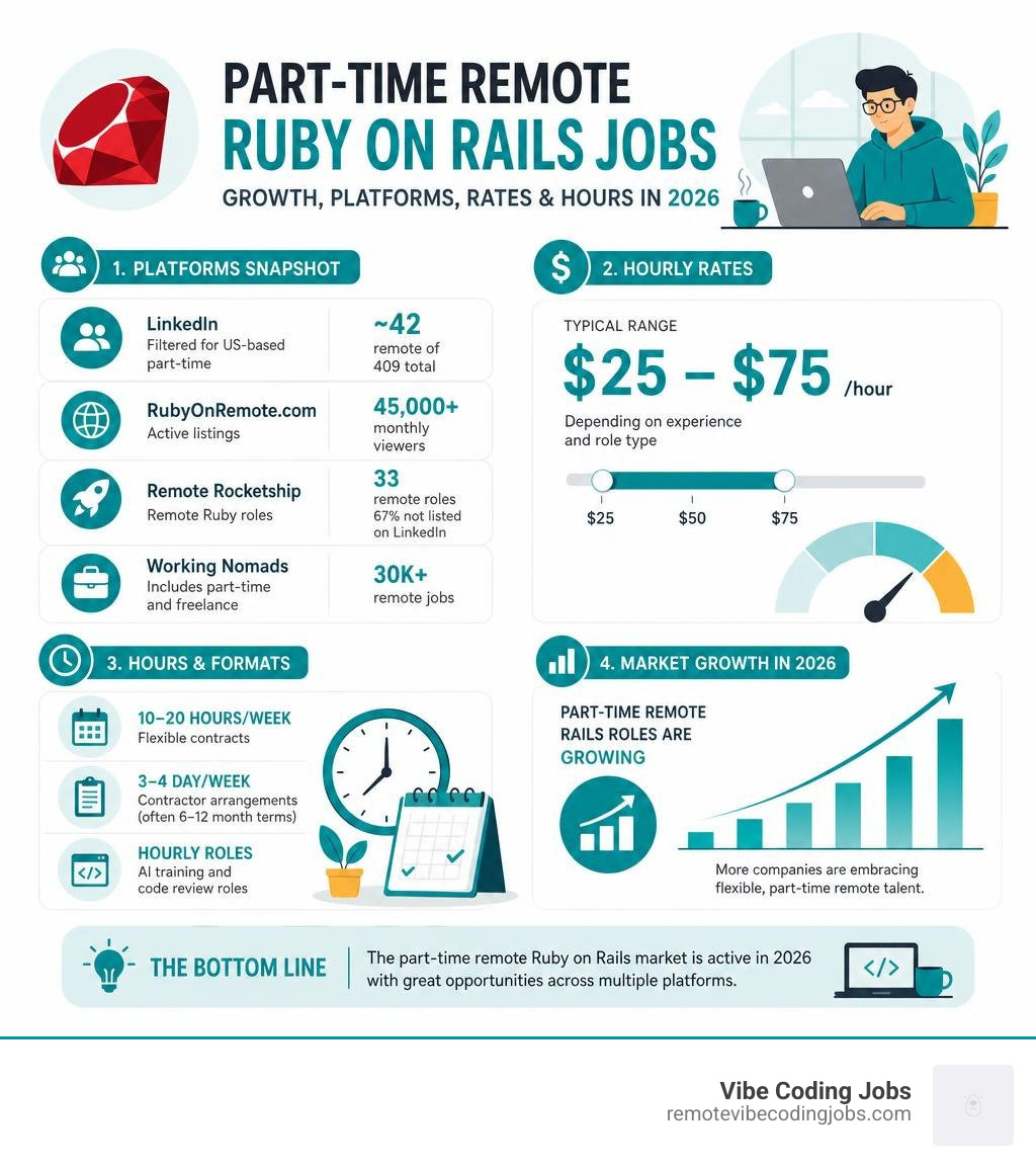 infographic showing part-time remote Ruby on Rails job growth platforms rates and hours in 2026 infographic