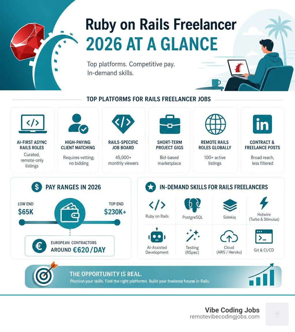 Infographic showing top platforms, pay ranges, and skills for freelance Ruby on Rails developers in 2026 infographic