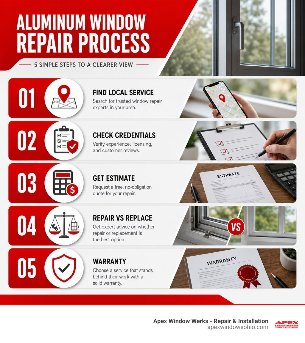 Aluminum window repair process infographic: find local service, check credentials, get estimate, repair vs replace, warranty