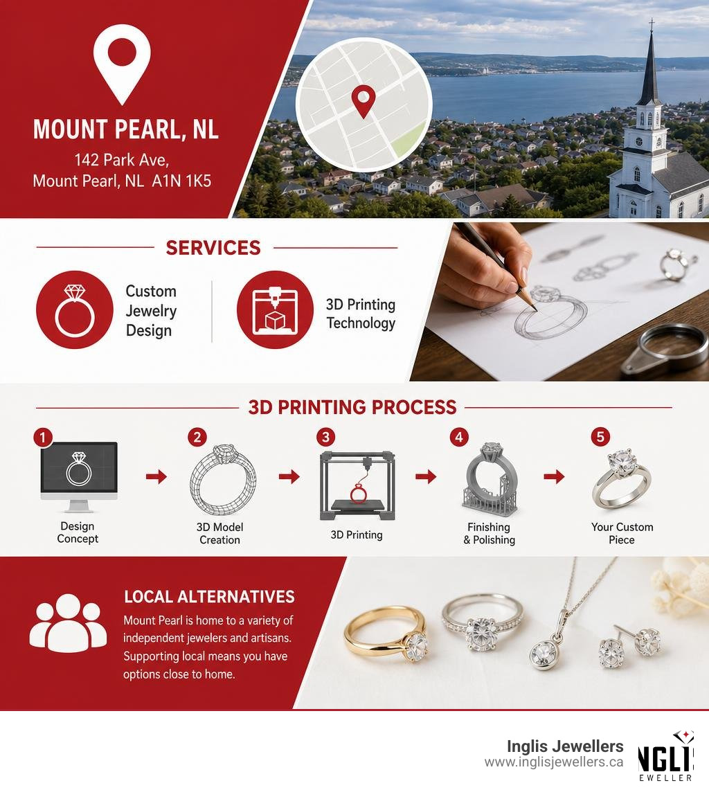 Infographic showing Today's Jewellers Mount Pearl NL location, services, 3D printing process, and local alternatives Infographic showing Today's Jewellers Mount Pearl NL location, services, 3D printing process, and local alternatives