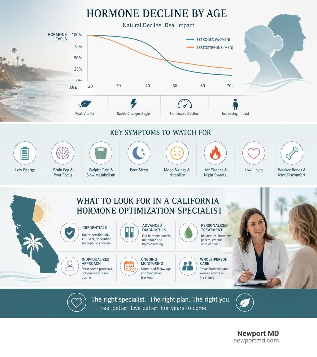 Infographic showing hormone decline by age, key symptoms, and what to look for in a California hormone optimization Infographic showing hormone decline by age, key symptoms, and what to look for in a California hormone optimization