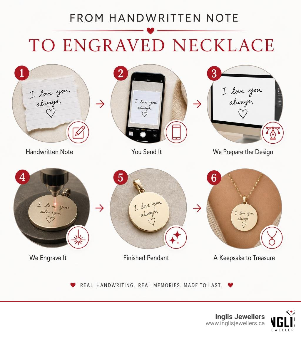 How a handwritten note is transformed step-by-step into a metal engraved pendant necklace infographic How a handwritten note is transformed step-by-step into a metal engraved pendant necklace infographic