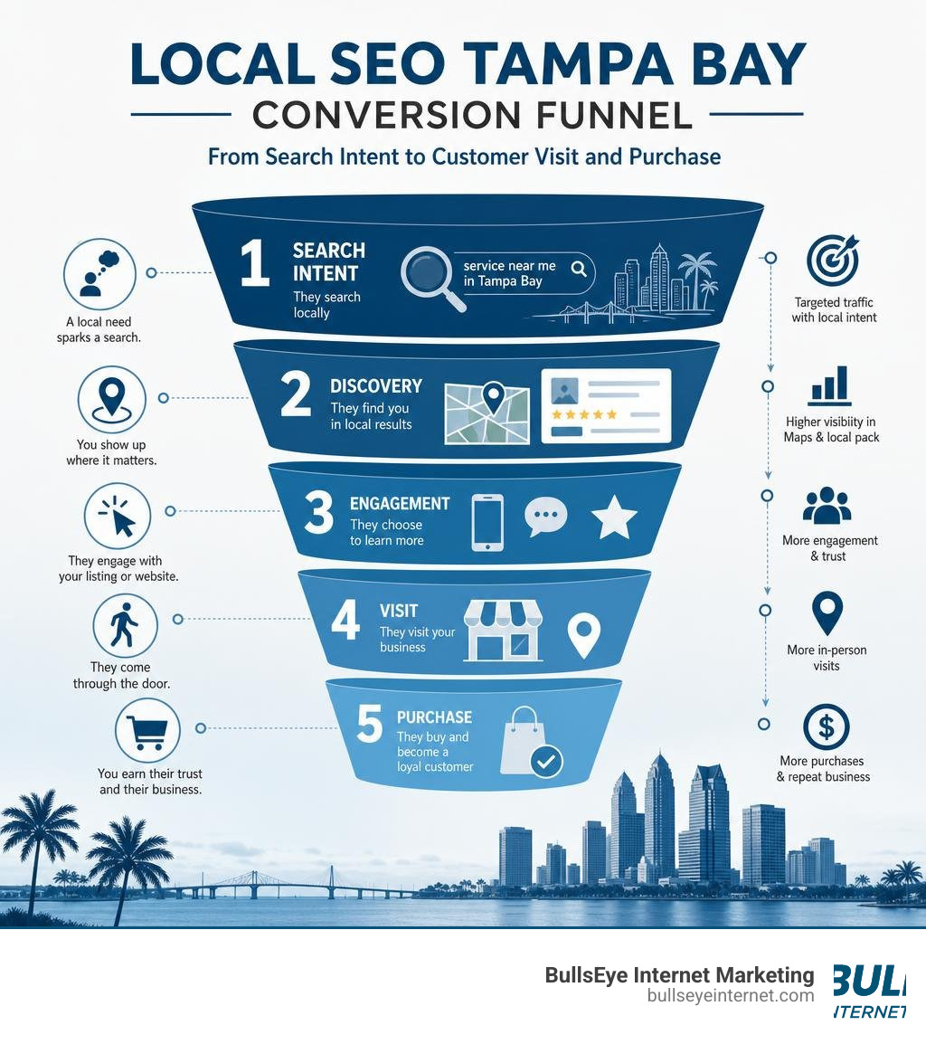Local SEO Tampa Bay conversion funnel illustrating search intent to customer visit and purchase.