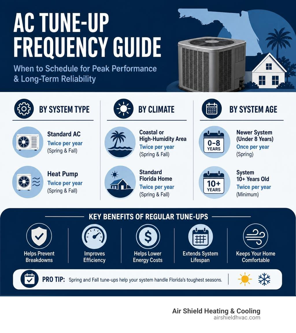 Infographic showing AC tune-up frequency recommendations by system type, climate, and age with key maintenance benefits