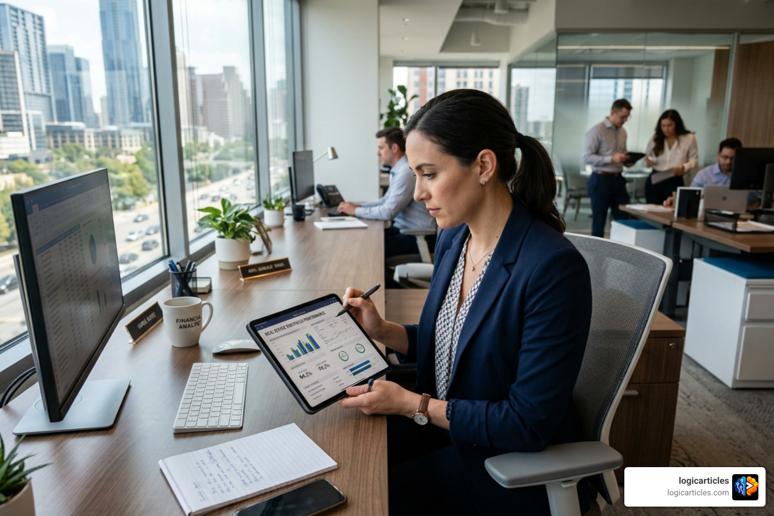 Real estate financial analyst reviewing financial performance reports on a tablet
