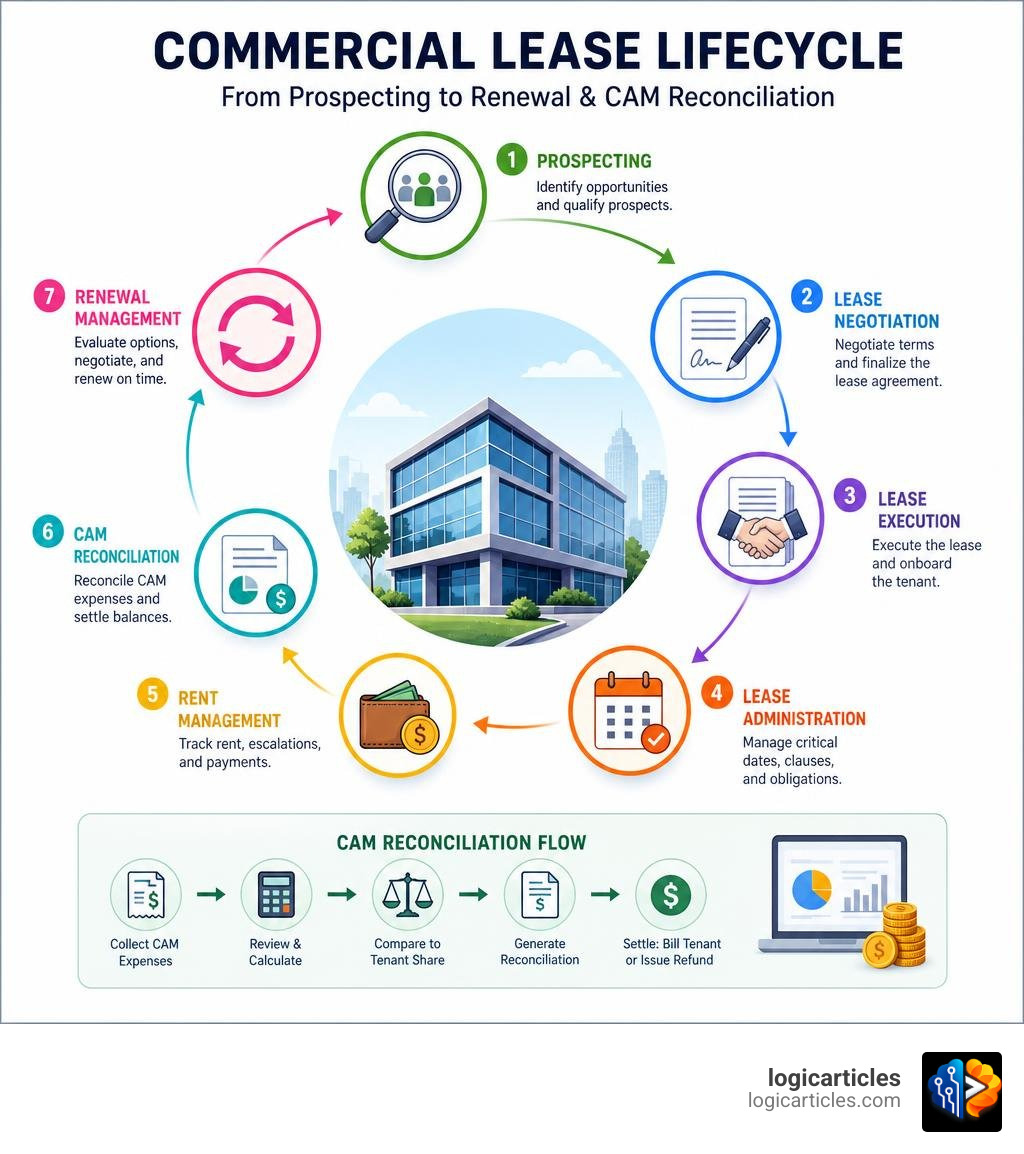 Commercial lease lifecycle stages from prospecting to renewal and CAM reconciliation infographic infographic