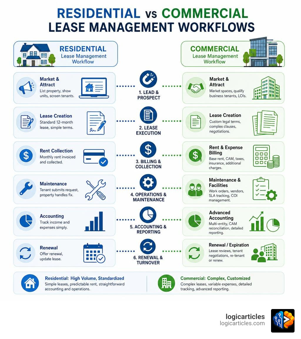 Comparison of residential vs commercial lease management workflows infographic infographic
