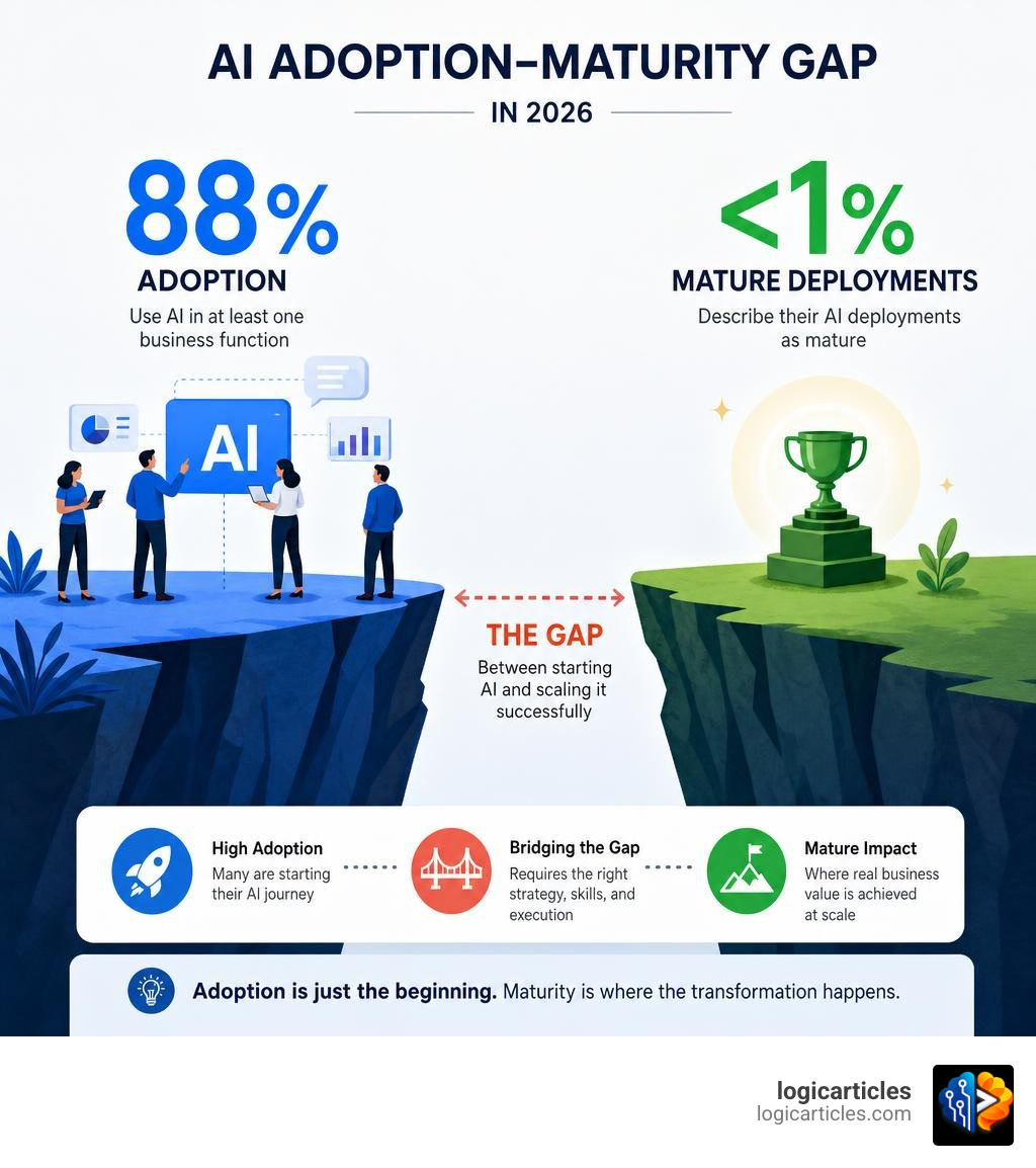 AI adoption-maturity gap in 2026: 88% adoption vs under 1% mature deployments infographic