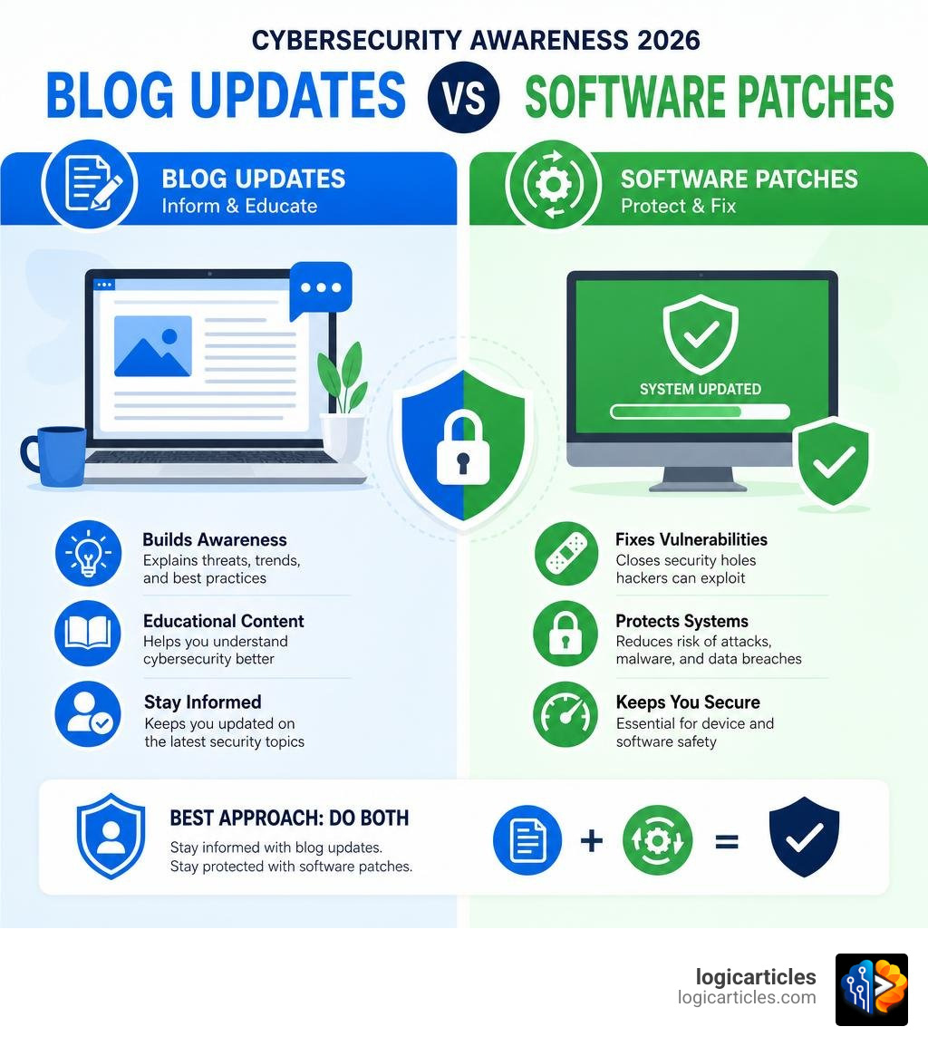 Blog updates vs software patches infographic for cybersecurity awareness 2026 infographic