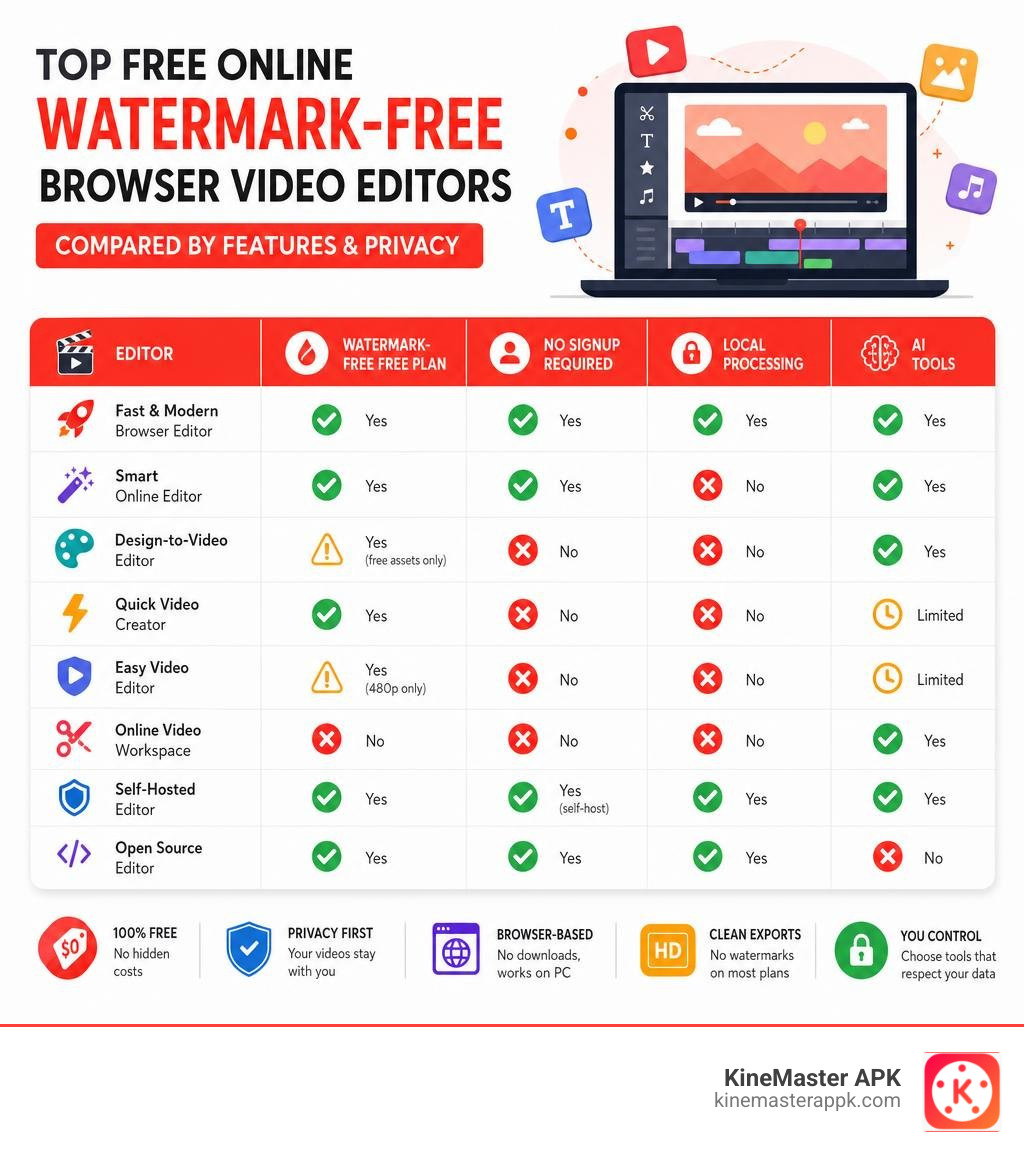 Infographic showing top free online watermark-free browser video editors compared by features and privacy infographic Infographic showing top free online watermark-free browser video editors compared by features and privacy infographic