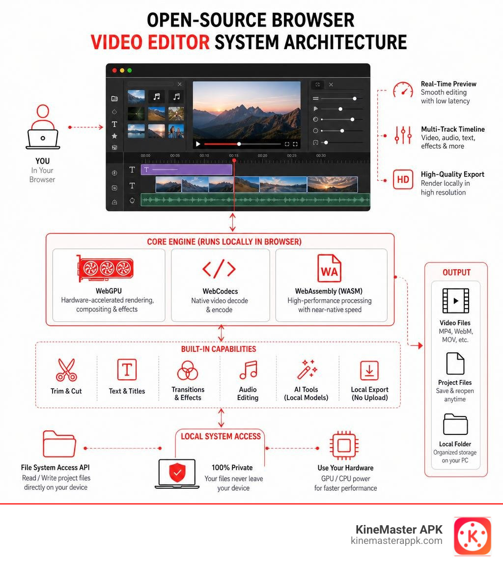 Infographic showing open-source browser video editor system architecture infographic Infographic showing open-source browser video editor system architecture infographic
