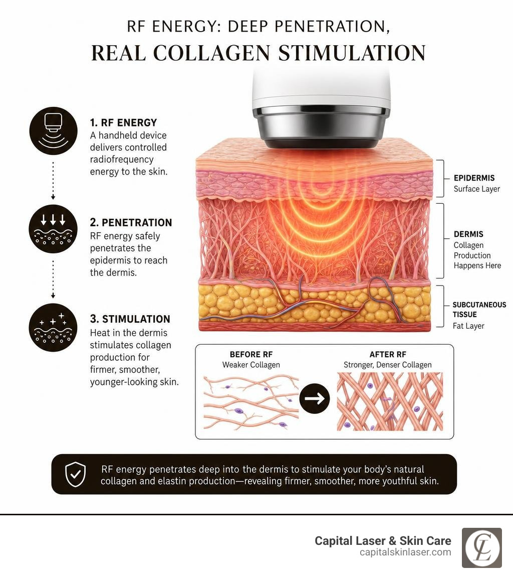 Infographic showing skin layers and how RF energy penetrates to the dermis to stimulate collagen infographic Infographic showing skin layers and how RF energy penetrates to the dermis to stimulate collagen infographic