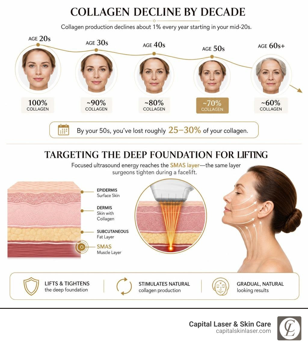 infographic showing collagen decline by decade and how Ultherapy targets the SMAS layer for skin lifting infographic infographic showing collagen decline by decade and how Ultherapy targets the SMAS layer for skin lifting infographic