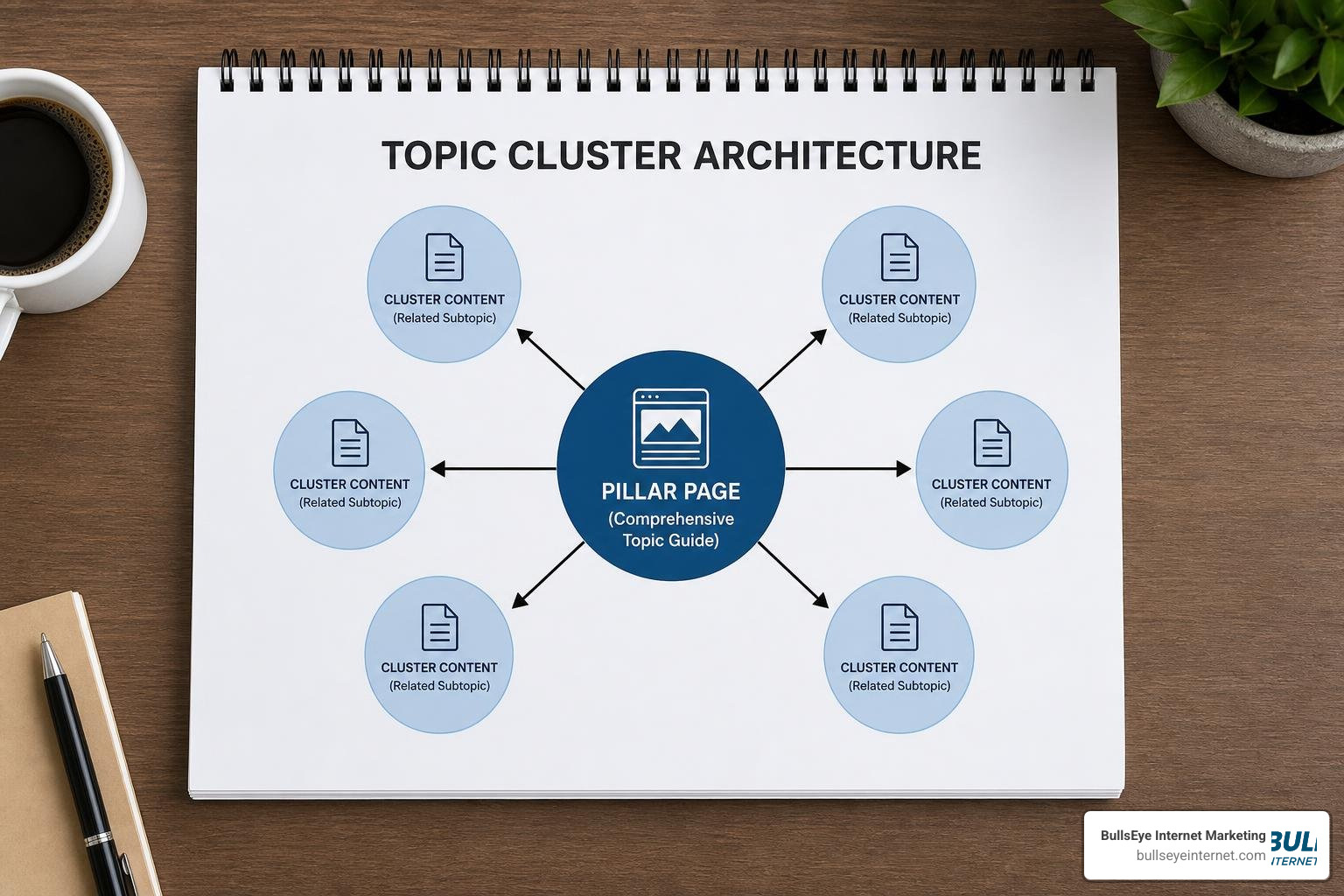 Topic cluster architecture diagram showing pillar pages and supporting cluster guides Topic cluster architecture diagram showing pillar pages and supporting cluster guides