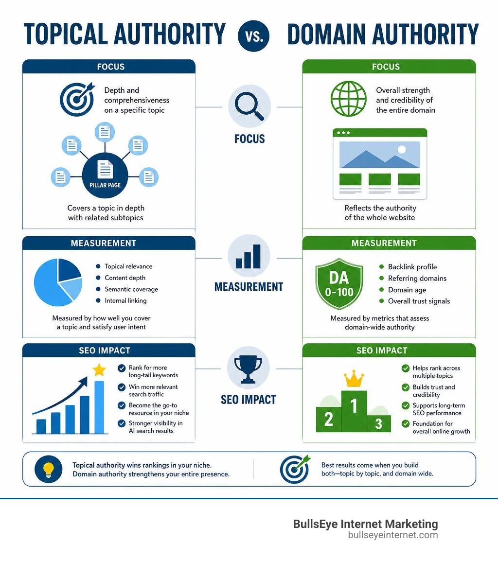 Topical Authority vs Domain Authority infographic showing key differences in focus, measurement, and SEO impact infographic Topical Authority vs Domain Authority infographic showing key differences in focus, measurement, and SEO impact infographic