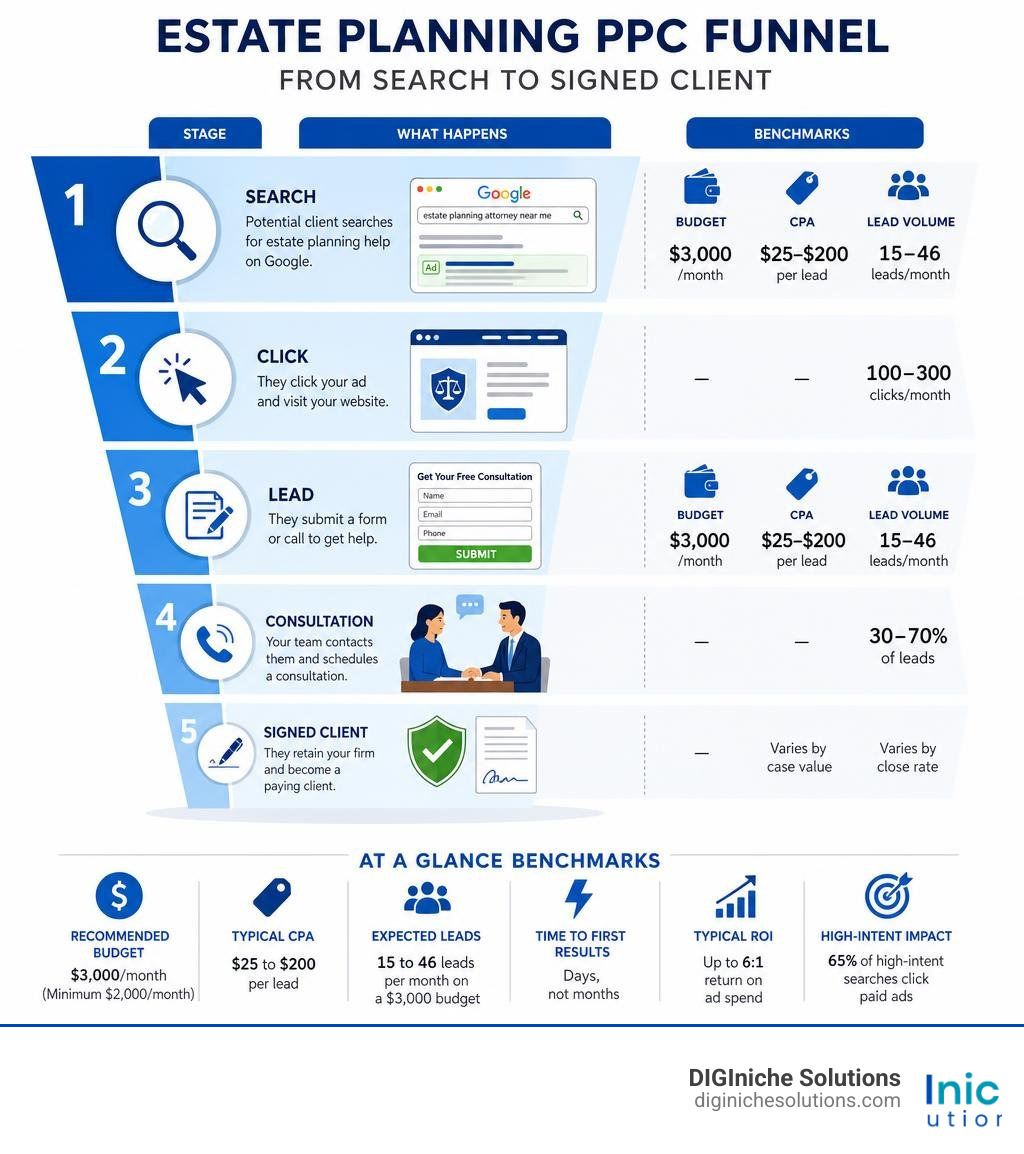Estate planning PPC funnel from search to signed client with budget, CPA, and lead volume benchmarks infographic