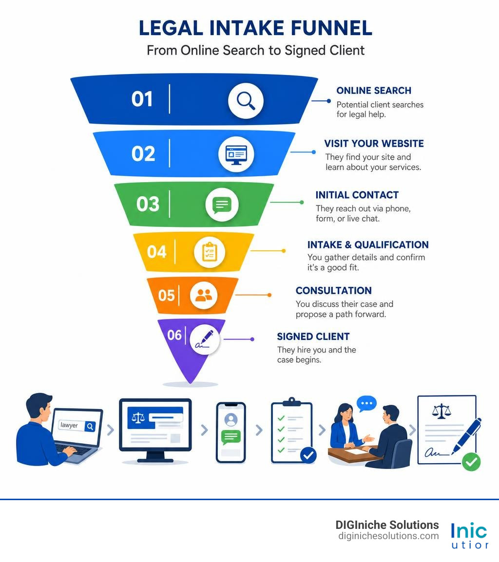 Legal intake funnel showing stages from online search to signed client for law firms infographic