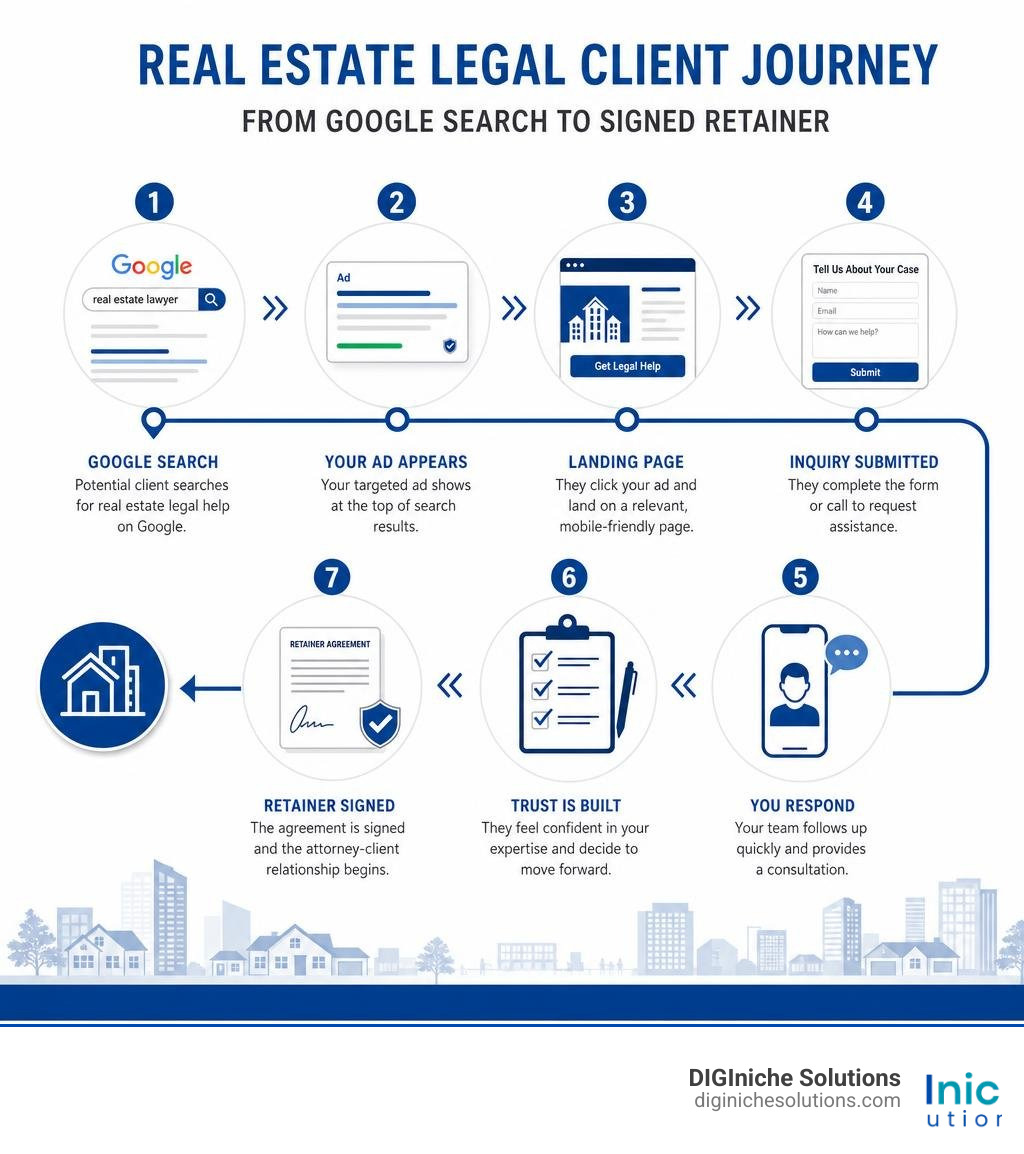 Real estate legal client journey from Google search to signed retainer infographic infographic
