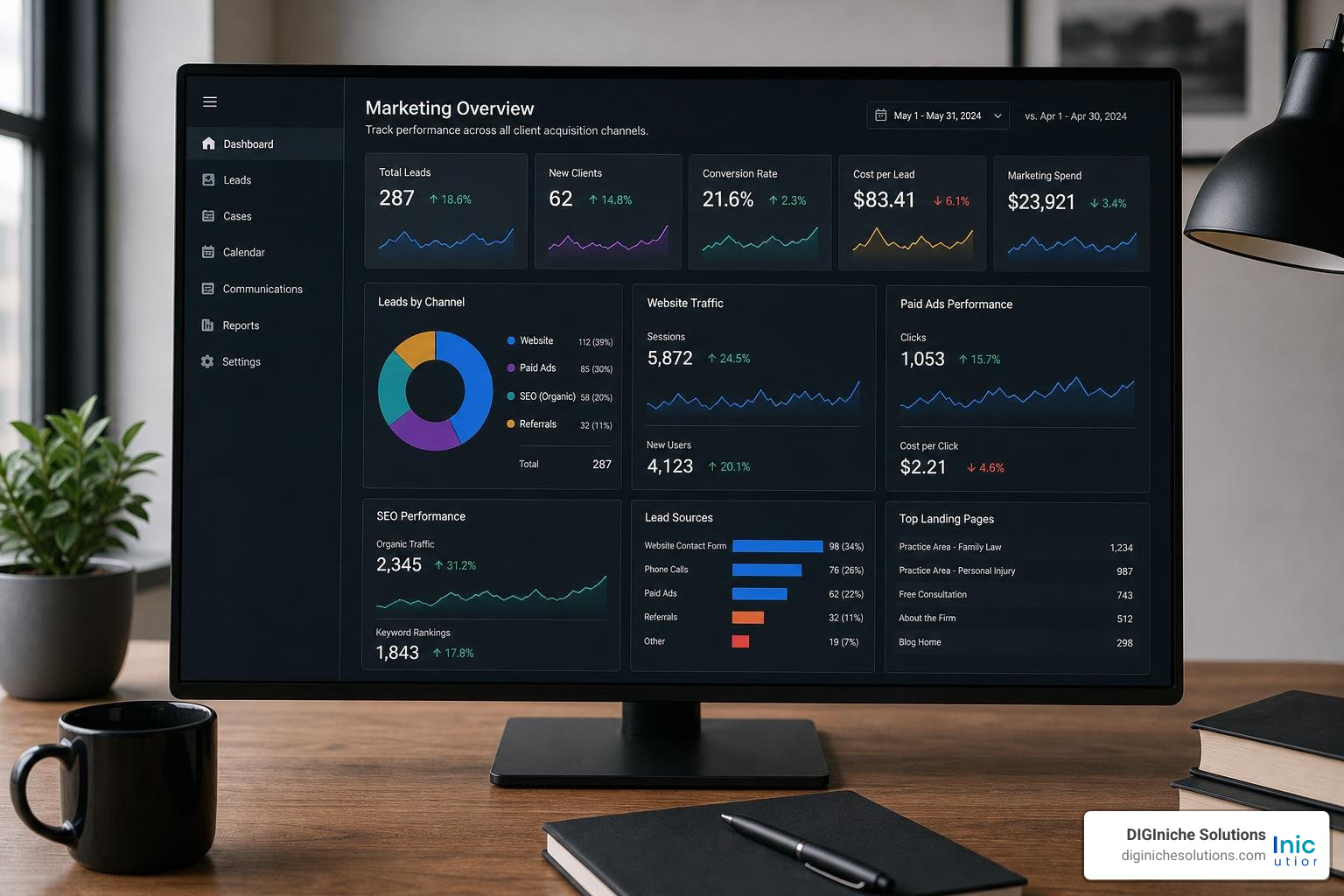 in-house marketing dashboard showing law firm client acquisition channels