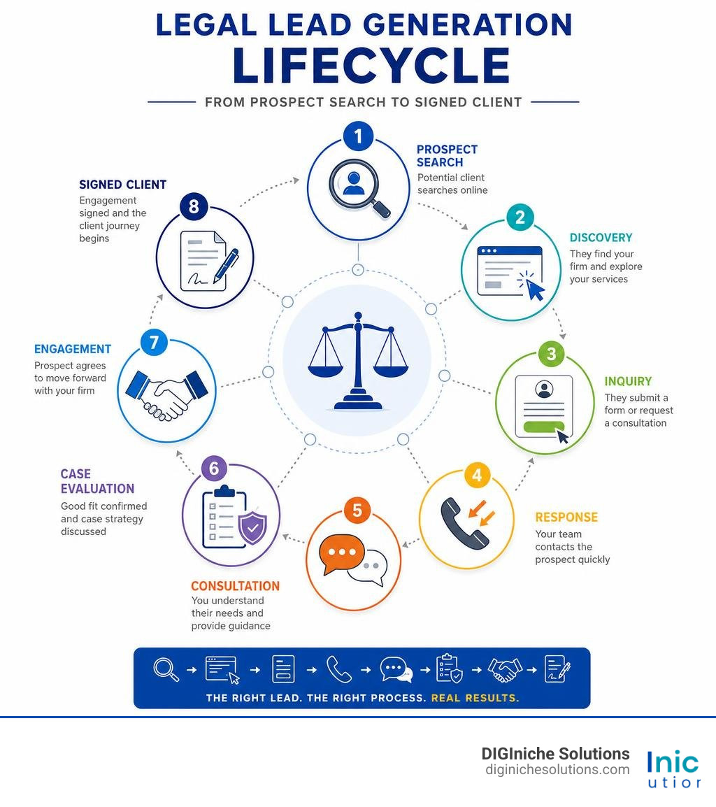 legal lead generation lifecycle infographic showing steps from prospect search to signed client infographic